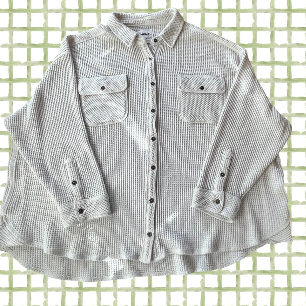 Aerie Cream Waffle Knit Button-Up Shirt